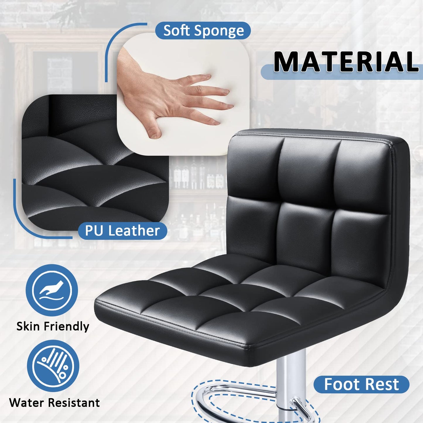 Homall Bar Stools Modern PU Leather Adjustable Swivel Barstools, Armless Hydraulic Kitchen Counter Bar Stool Extra Height Square Island Barstool with Back Set of 2 (Leather, Black)