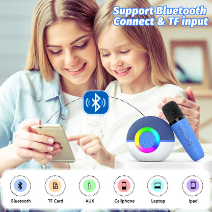 goopow Mini Karaoke Machine Speaker for Kids Adults, Portable Bluetooth Microphone Song Toys with LED Light, Best Chritmas Birthday Festival Gift for 3 4 5 6 7 8+ Year Old Girls Boys (Blue-2MIC)