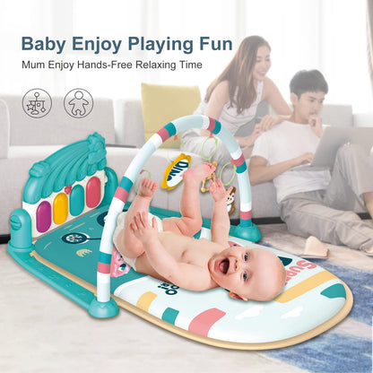 dearlomum Baby Play Mat & Piano Tummy Time Gym, Infant Sensory Activity Playmat with 5 Toys, Music & Lights, Developmental Gift for Boys & Girls 0-12 Months (Blue)