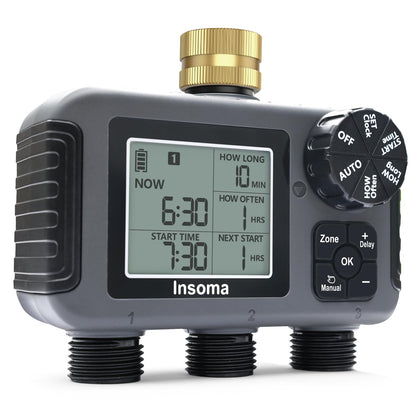 Insoma 3-Zone Sprinkler Timer with Brass Inlet + IPX5 Waterproof | Programmable Auto/Manual Irrigation Mode with Rain Delay & Large LCD | Water Hose Timer 3 Outlets for Garden, Lawn, Yard, Pool