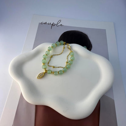 Progresssail Hetian Jade Bracelet for Women Double Layer Green Beaded Monstera Palm Leaf Bracelet Adjustable Classic Bracelet with Zircon Leaf Charm Ladies Jewelry