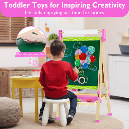 Doselie Easel for Kids,Adjustable Wooden Kids Art Easel with Paper Roll,Double-Sided Magnetic Toddler Easels,Dry Erase Whiteboard and Chalk Board,Toys for 3 4 5 6 7 8 9 10 Year Old Girl Boy Gift
