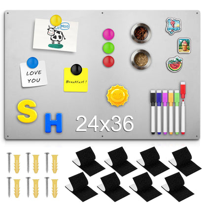 Jofiterm 24" x 36" Magnetic Board, Silver Magnet Bulletin Board to Display Magnetic Letters, Metal Board for Wall, Refrigerator Photo, with Dual Lock Tape and Screws, Marker Pen