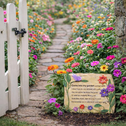 BANBERRY DESIGNS Garden Décor Decorative Rock – “Come Into My Garden” Engraved Stone with Butterfly & Floral Design – Outdoor Garden Decoration, Memorial Garden Accent, Yard Art – 9.5" x 8.5"