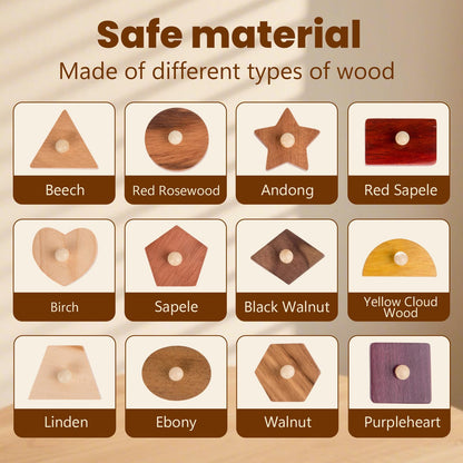 Adena Montessori Wooden Puzzles for Toddlers 1-2, 12 Piece Shape Peg Board with Knobs Educational Learning Toys for 1-2 Year Old Natural Wood Shape Sorter for Babies Durable Montessori Toys