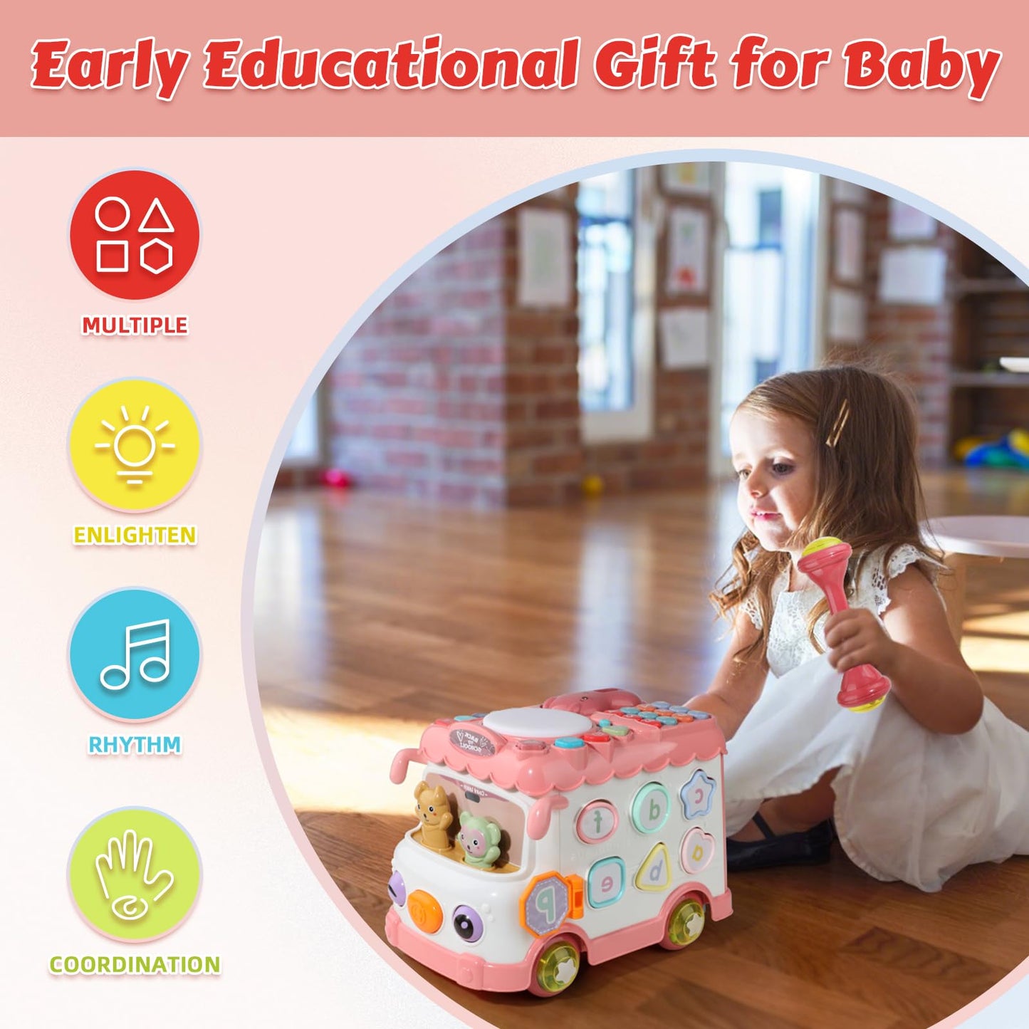 HAYXUN Montessori Toy for 1+ Year Old Girls, 10-in-1 Musical Learning Bus Baby Toys for 12-18 Months Present, Educational Developmental Sensory Toy, First Birthday Gifts for 1 Year Old Girl Toddlers
