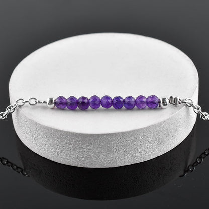 YANARA Amethyst Ankle Bracelet for Women Jewelry, Natural Birthstone, Gemstone Beads, Handmade Dainty Anklet 9"+1.25" inch, 3mm Rounds, Chakra Energy Crystals, Silver Plated Chain