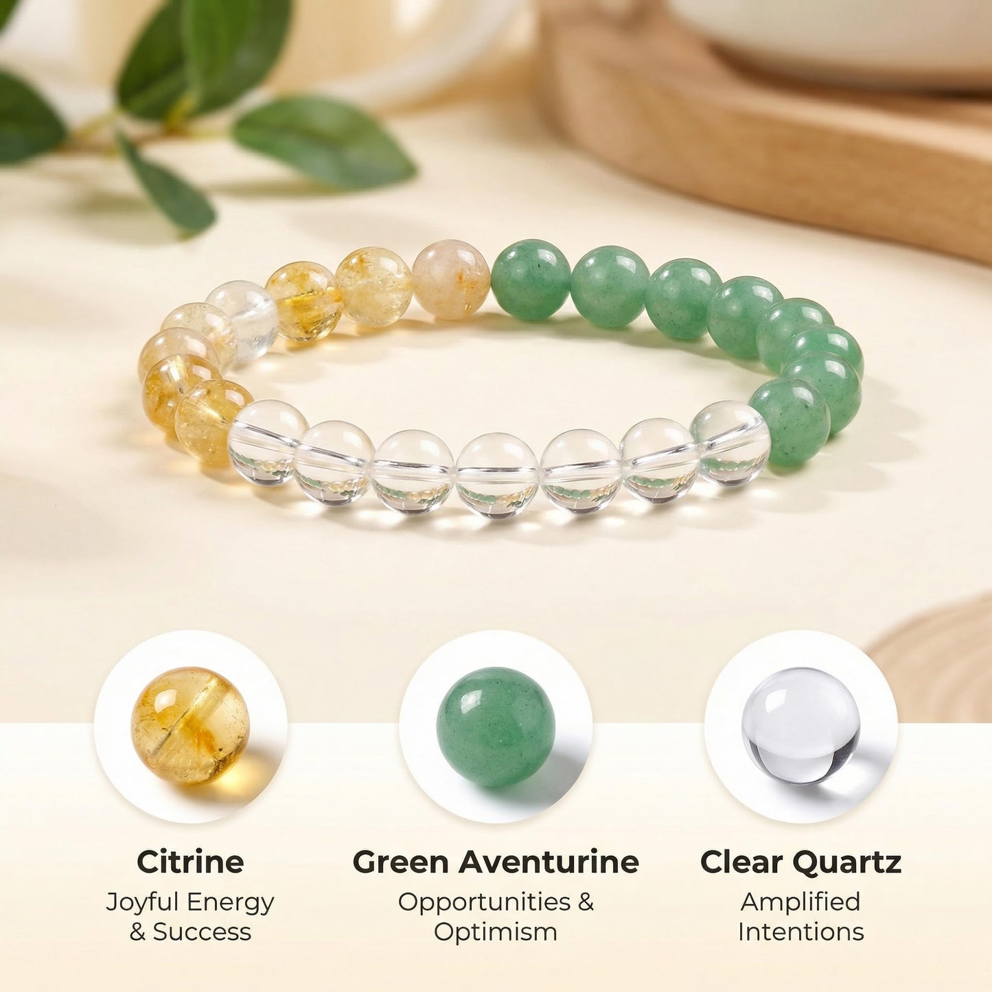 Bivei Good Luck Bracelet, Strength Crystal Healing Bracelet 8MM with Citrine & Green Aventurine & Clear Quartz - Spiritual Stretch Beaded Jewelry for Women Men Gift