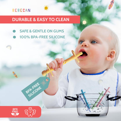 Bebecan Shielded Teething Tubes – Baby Teething Relief 0-36 Months, Anti-Choking Design, Clip-Attachable, BPA-Free Silicone, 5 Soft Tubes + 2 Teether Clips + 2 Brushes + Storage Bag