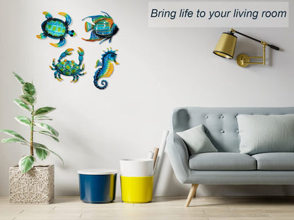 Meduofon Set of 4 Metal Outdoor Wall Art Decor, Blue Turtle Fish Crab and Seahorse Suitable for Beach Ocean Pool Decor, Metal Yard Fence Garden Children Room Bathroom Livingroom Wall Decoration