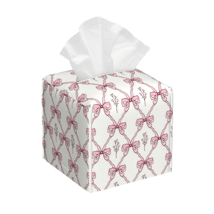 Vintage Retro Pink Ribbon Tissue Box Cover Square,Leather Tissue Holder,Waterproof Leather Facial Paper Organizer Tissue Box Cover for Home Office Bathroom Vanity Countertop,5.2" x 5.2" x 5.2"