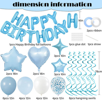 YWWSNSE Blue Birthday Decorations, 3D Foil Light Blue Happy Birthday Balloon Banner with Star and Heart Balloons, Confetti Balloons, Hanging Swirls, for Girls Women Party Decorations