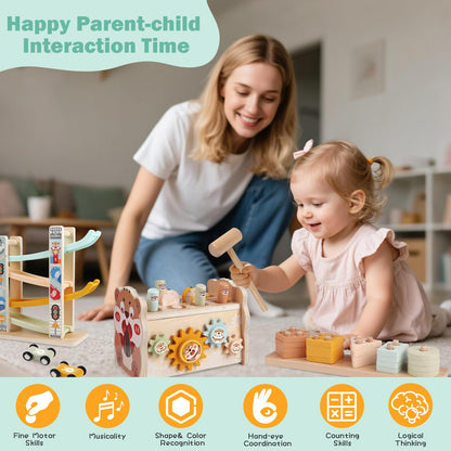 Weilim Montessori Toys for 1 Year Old, Wooden Car Ramp & Hammering Pounding Xylophone Toy for Toddlers 1-3, Shape Sorter Stacking Blocks, Educational Fine Motor Activity Toys Gift for Baby Boy Girl