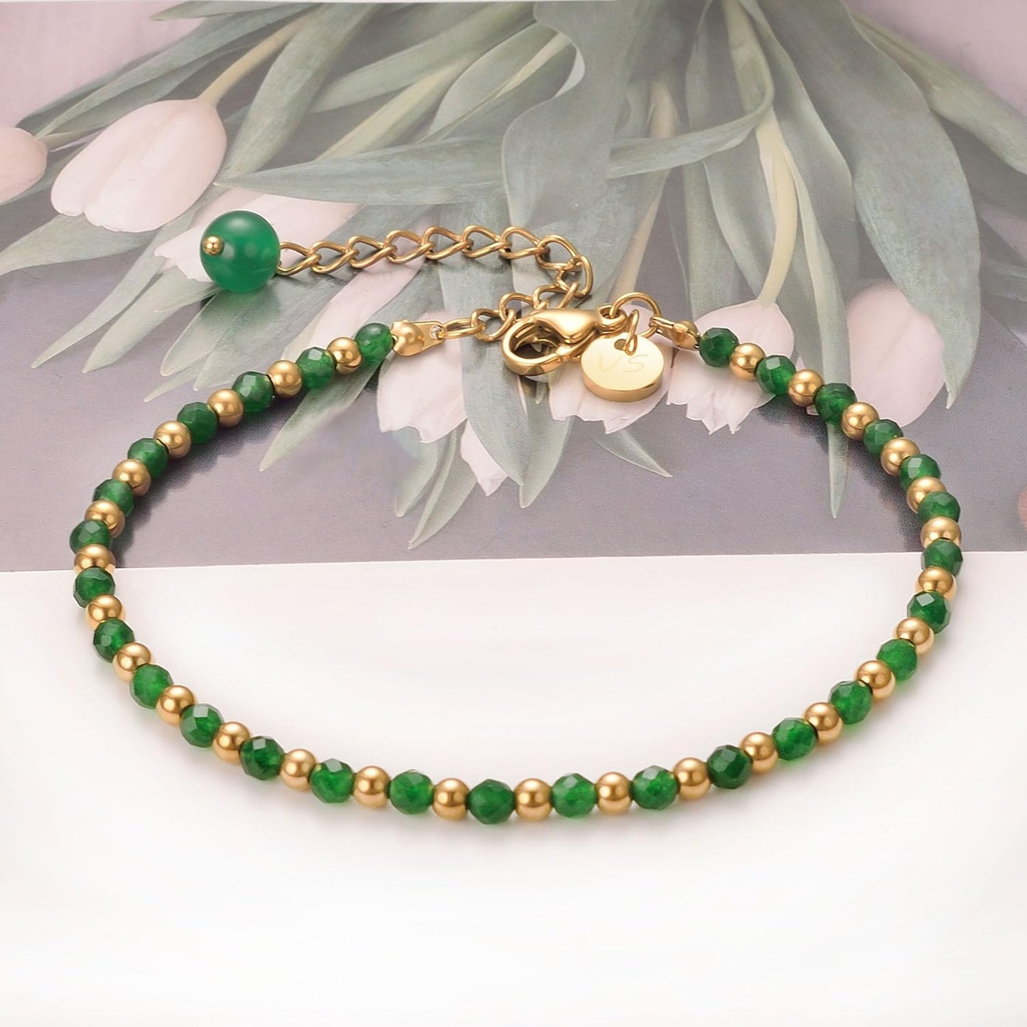 vissen Natural Stone Bracelet for Women Gold Plated Bracelet Beaded Green Agate Stainless steel Adjustable Jewellery