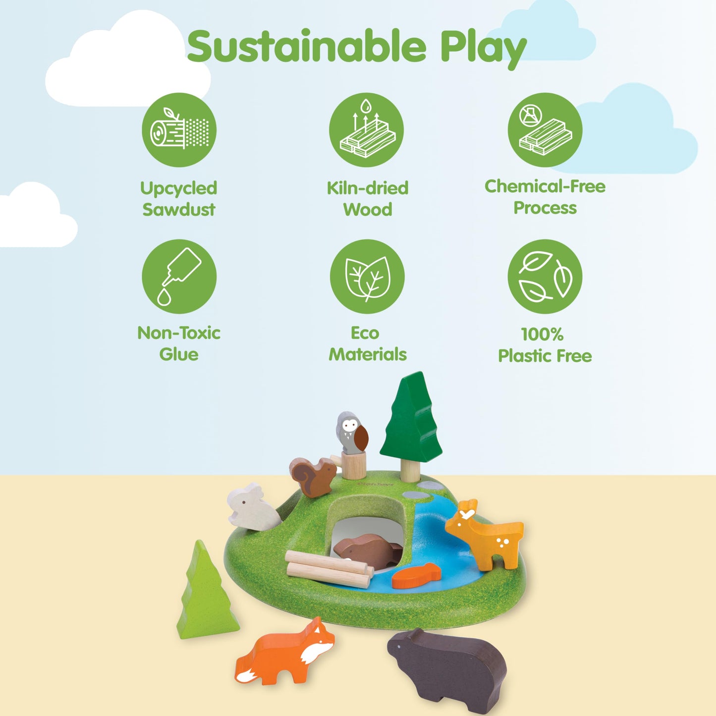 PlanToys® Wooden Animal Toy Set for Toddlers | 16 Pcs Montessori Forest Playset with Trees, Cave, and Mountain | Eco-Friendly Educational Toys for Kids | Open-Ended Nature Pretend Play