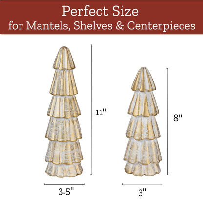 Mie Creations Christmas Tree Figurines, Set of 2 Wooden Decorative Trees for Home, Living Room, Table Centerpiece, Fireplace Mantel, Xmas Indoor Decor, Elegant White & Gold Christmas Trees-11,8 inch
