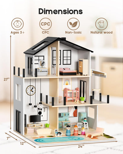 BIERUM Wooden Dollhouse, Large Modern Doll House with 44Pcs Furniture Accessories, Dolls & Pets, DIY Puzzle Pool Yard, Wood Dollhouse Toy for Toddlers 3+, Ideal Gift for Boys and Girls (Black)