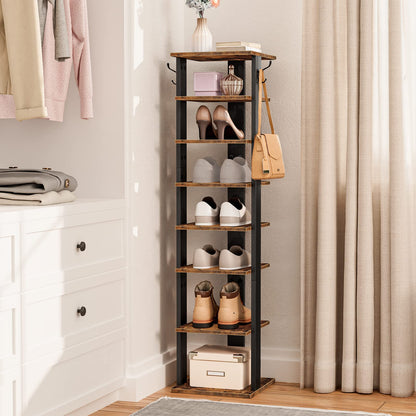 HOOBRO 8 Tiers Vertical Shoe Rack, Wooden Shoe Storage Organizer with Hooks, Narrow Shoe Tower for 8 Pairs, Space Saving, for Entryway, Living Room, Bedroom, Rustic Brown BF07XJ01G1