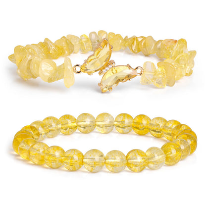 GolbalJew Citrine Bracelet for Women Healing Crystal Stone Bracelets Yellow Gemstone Beads Stretch Bracelet Butterfly Charms Women Jewelry Gift