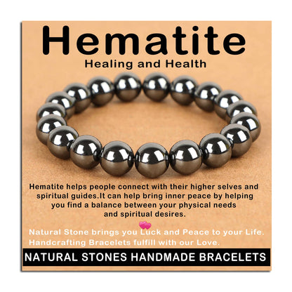 AD Beads Handmade Gemstone Stretch Elastic Bracelet Crystal Healing Reiki Nature's Beauty and Spiritual Essence Unisex (10mm, Hematite (Healing and Health))
