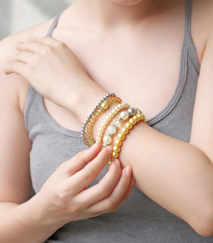 Noessla Beaded Pearl Stretch Bracelet Silver Stackable Crystal Beads Bracelets Trendy Costume Jewelry Mothers Day Gifts for Women(Yellow)