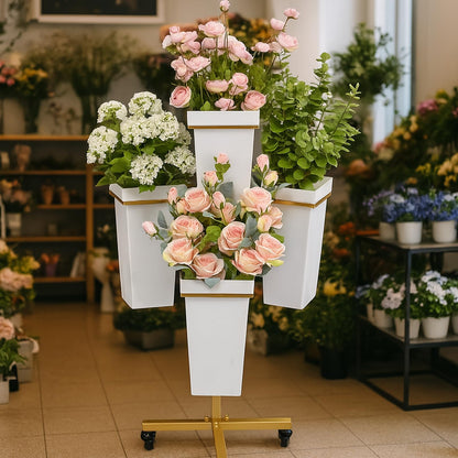 FEFZSFER Flower Display Stand with Buckets - Flower Cart with Wheels for Bouquet Shop, Metal Flower Rack Display Stand for Wedding Garden, Party, Events (Gold, Square buckets)