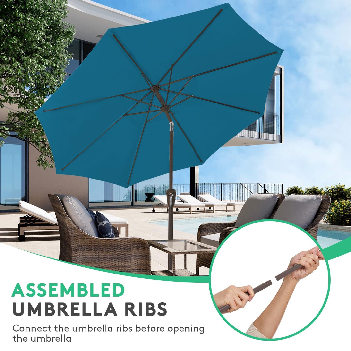 JEAREY 10FT Outdoor Patio Umbrella Outdoor Table Umbrella with Push Button Tilt and Crank, Market Umbrella 8 Sturdy Ribs UV Protection Waterproof for Pool, Garden (Lake Blue)