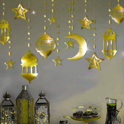 Cheerland Ramadan Decorations Gold Star Moon Lantern Garland Pre-Assembled Shining Hanging Ramadan Mubarak Eid Decorations Banner Streamer for Eid Mubarak Decor Home Party Supplies 16 Pcs