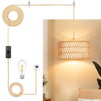 Qingmiao Boho Plug in Pendant Light, Rattan Hanging Lamp Plug in with Woven Shade, 3-Way Dimmable Hanging Light Fixture for Living Room Bedroom Kitchen Ceiling Home Decor