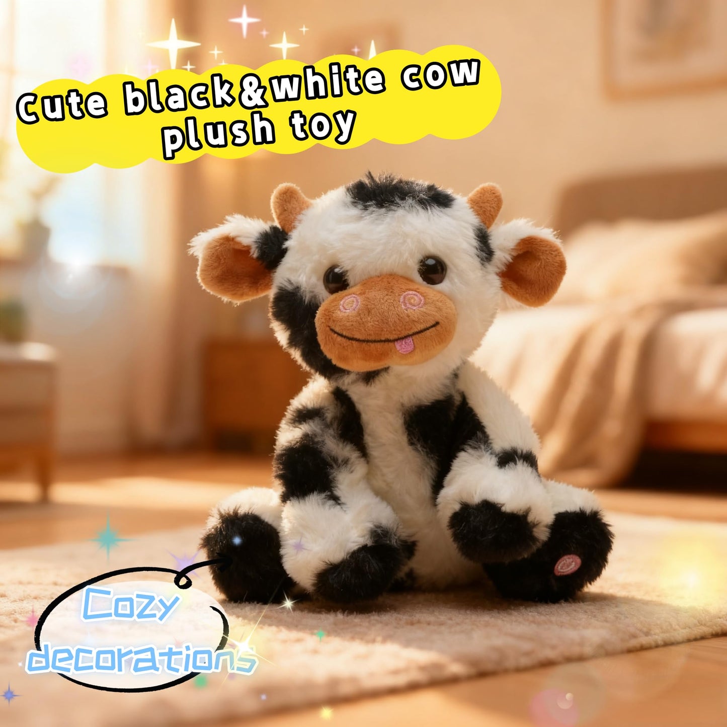 unsnurnoch 9.8" Glowing Cow Plush Toy, Soft Light-Up Black Cow Stuffed Animal for Kids, Night Light Comfort Toy for Sleeping, Birthday for Boys and Girls