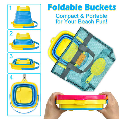 Aclarastra Collapsible Beach Sand Toys for Kids - Travel Beach Toys with 2 Collapsible Beach Buckets, Mesh Bags, Sand Castle Molds, Sand Bucket Shovel Set Sandbox Toy for Toddlers Kids