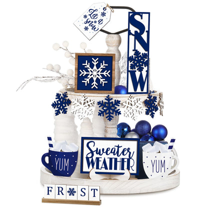 Jetec 12 Pieces Winter Tiered Tray Decor Set Snowflake Wooden Sign Let It Snow Table Decorations Farmhouse Coffee Bar Signs Tray Decor for Home Kitchen Tabletop(Blue)