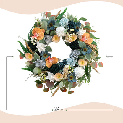 Bibelot 22 Inch Spring/Summer Floral Wreaths for Front Door,Artificial Valentines Day Wreath with Roses Dahlias Gardenias phalaenopsis for Home Wall Window Wedding Party Festival Decor
