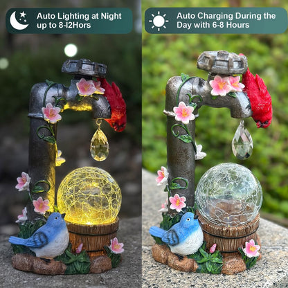 ZYLiWoo Solar Cardinal Garden Statue Decoration, Water Faucet and Solar Light Glass Ball, Outdoor Resin Garden Statue, Cardinal Gift, Women's Mother's Birthday Gift, Size 9.45 inches