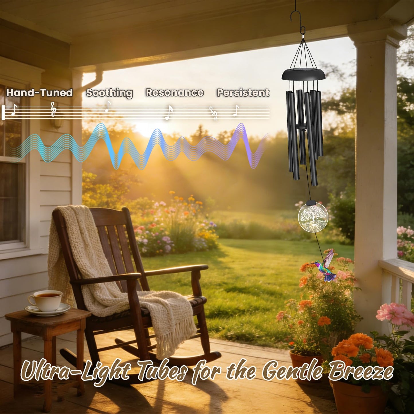 37" Solar Wind Chimes for Outside, Memorial Wind Chimes with Solar Powered Acrylic Lights & Hand-Painted Hummingbird – Sympathy Gift for Loss of Loved One, Outdoor Wind Chimes for Garden, Patio, Yard