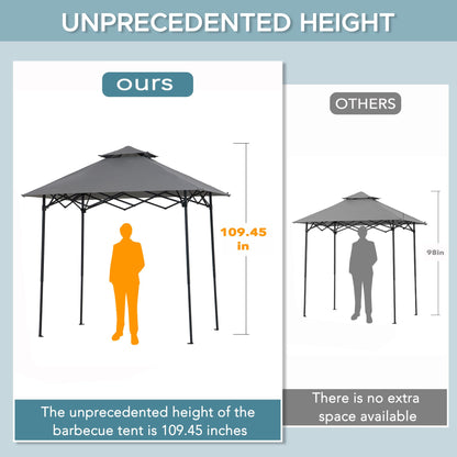 SUNJOY 8 x 5 ft. Grill Gazebo Pop Up Double Tiered Outdoor Gazebo Standing-Height Canopy with Magnetic LED Light, Adjustable Ceiling Height, for BBQ,Picnics, Outdoor Events, Gray