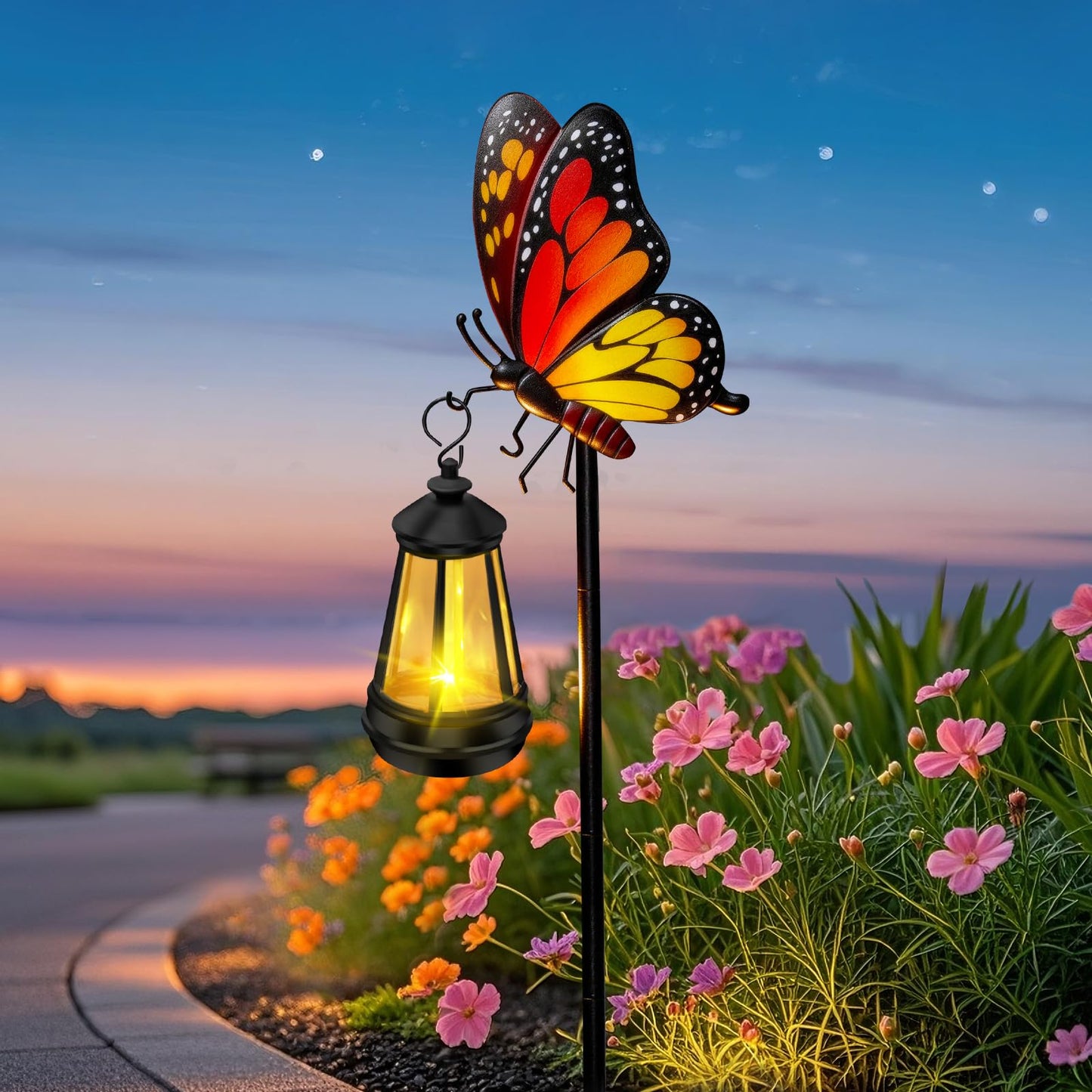 ZFNN Solar Garden Decor Lights Outdoor Waterproof, Metal Butterfly Stakes with Solar Lanterns, Solar Garden Lights for Decorative Yard Art Outside Patio Lawn Ornaments, Gifts for Women Mom