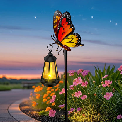 ZFNN Solar Garden Decor Lights Outdoor Waterproof, Metal Butterfly Stakes with Solar Lanterns, Solar Garden Lights for Decorative Yard Art Outside Patio Lawn Ornaments, Gifts for Women Mom