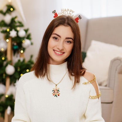 Quelay 16 Pcs Christmas Jewelry Set Include 8 Christmas Headbands 8 Pcs Xmas Necklaces Rhinestone Snowflake Deer Antlers Hairband Wreath Bell Necklace for Women New Year Party Favor Gift Accessory