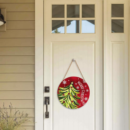 Merry Christmas Door Sign,Christmas Tree Decorations Wooden Holiday Hanging Sign for Front Door,Winter Red Christma Decorations for Home Garden Christm New Year 12"x12"