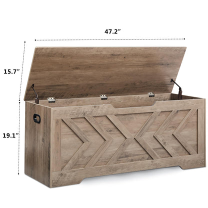 XDliv 47.2” Storage Bench,Extra Large Wooden Storage Chest with 2 Safety Hinges,entryway Bench,Blanket Storage,Shoe Storage Bench for Entryway,Bedroom,Living Room,Easy Assembly.-Greige