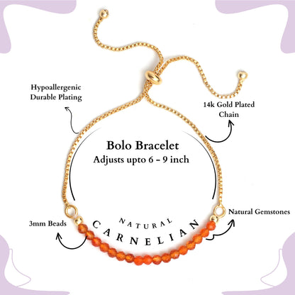 Gempires Real Carnelian Beads Bracelet, Orange Beaded July Birthstone Bracelet, Pull String Adjustable Bracelet, Gemstone Jewelry Gold Plated Chain (6-9 inch Adjustable Length)