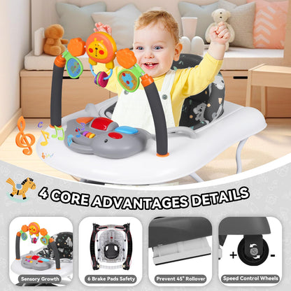 RefoereBabe Baby Walker, 5 in 1 Baby Walkers for Boys Girls 6-12 Months, Foldable Walkers for Babies with Bouncer & Feeding Tray, Music, Adjustable Heights, Activity Walker for Infant