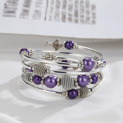Beaded Chakra Bangle Turquoise Bracelet - Fashion Jewelry Wrap Bracelet with Thick Silver Metal and Mala Beads, Birthday Gifts For Women(Purple pear)