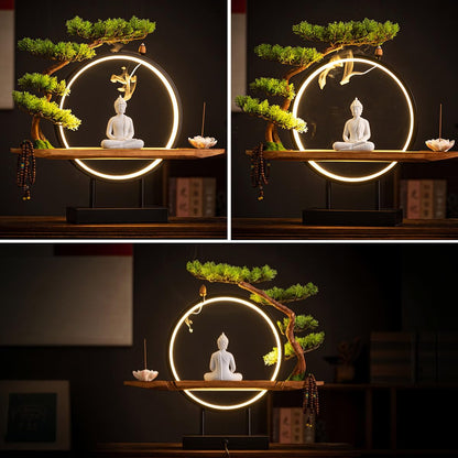 TXYXT Shakyamuni Buddha Ceramic Statue Indoor Backflow Incense Burner with Led Ring Light，Meditation Decoration for Home and Office, Suitable for Cone and Stick Incense