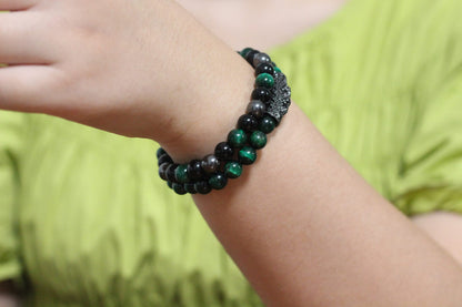 2Pcs Triple Protection Bracelet,Natural Tigers Eye Black Obsidian and Hematite 8 MM Beads Bracelet for Men Women Gift, Healing Crystal Bracelets Bring Luck and Prosperity and Happiness (Green)