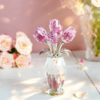 LOULIQIGIFT Crystal Pink Flowers Bouquet Romantic Art Glass Rose Flower Figurine Gifts for Women on Mother's Day Birthday Wedding Anniversary