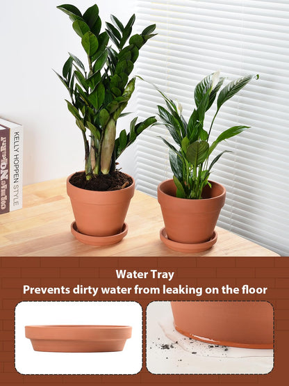 INGOFIN Terracotta Pots Set with Saucer - 2-Pack Ceramic Clay Planters with Drainage Hole, Garden Flower Succulent Pots with Tray for Indoor Outdoor Plants, 8 inch, Set of 2