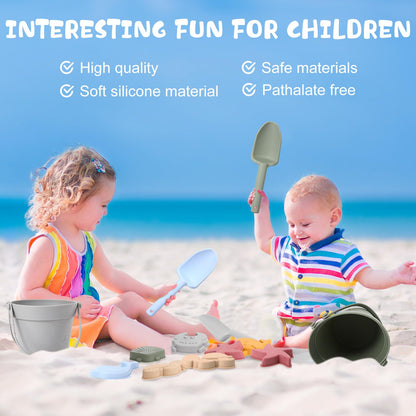 Hungdao 13 Pcs Silicone Beach Toys Travel Beach Set Sand Toys Including 3 Silicone Buckets 3 Shovels 6 Sea Creature Sand Molds 1 Bag for Kids Boys Girls Summer Pool Outdoor Bath(Green Gray Blue)