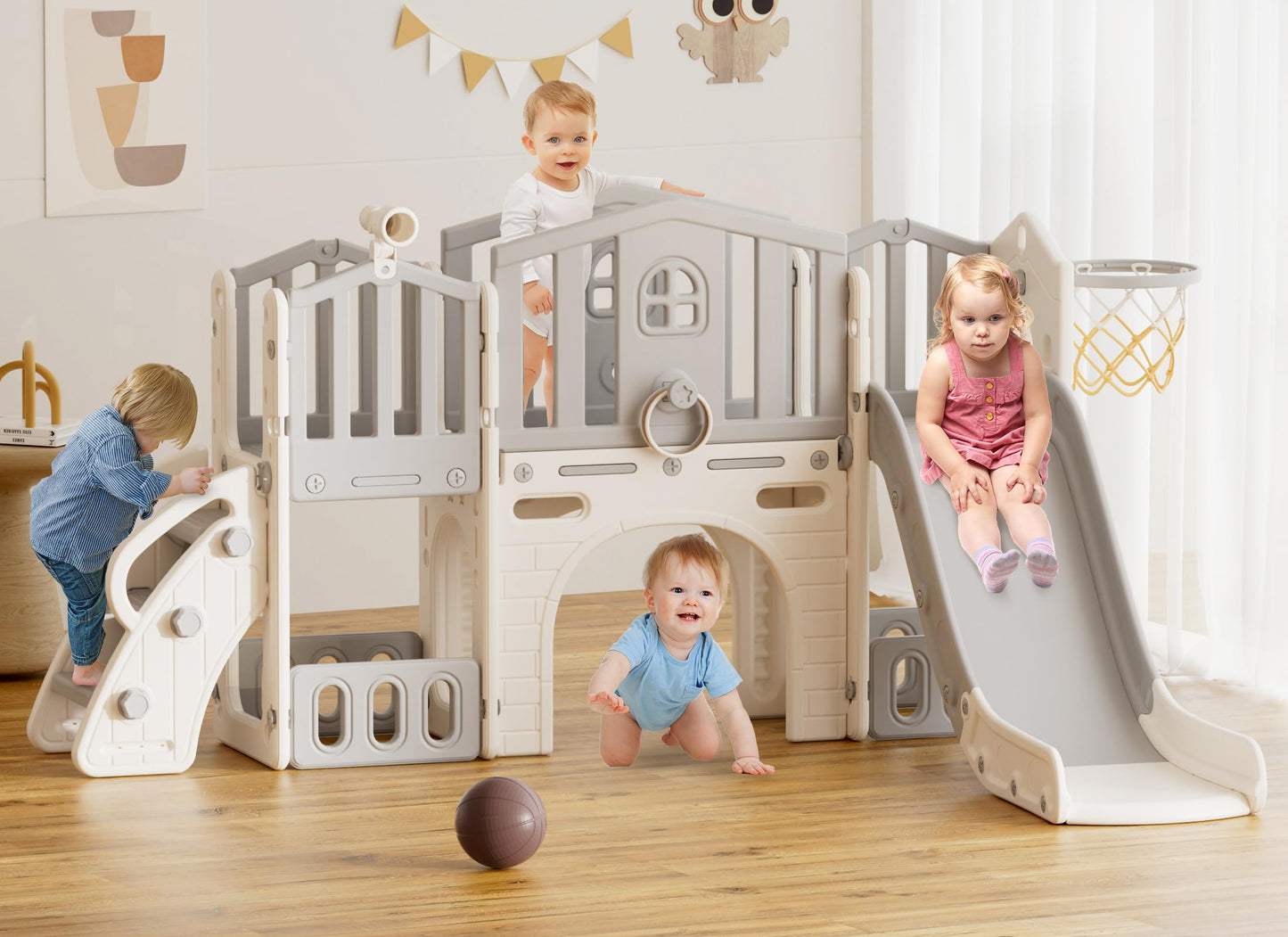 XJD 9 in 1 Toddler Slide Set, Kids Slide for Toddlers Age 1+, Toddler Climber Slide PlaySet with Basketball Hoop and Ball,Outdoor Indoor Playground for Toddlers 1-3 (Gley)